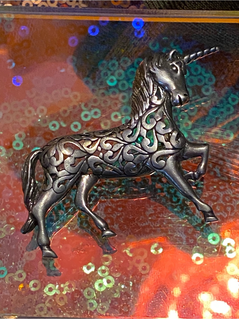 Vintage Jezlaine Sterling Silver Unicorn Brooch-Openwork Filigree Fantasy Jewelr